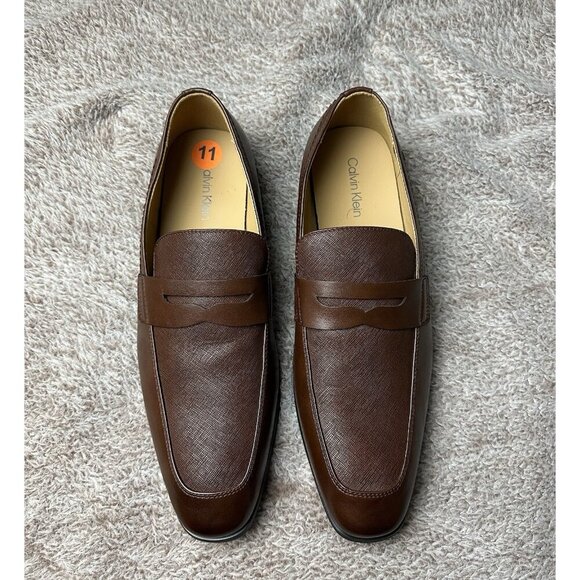 Calvin Klein Junberg Brown Leather Penny Loafers Men\'s Dress Shoes NWOB